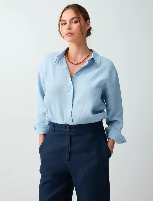 Bayan  %100 Keten Uzun Kollu Dokuma Gömlek