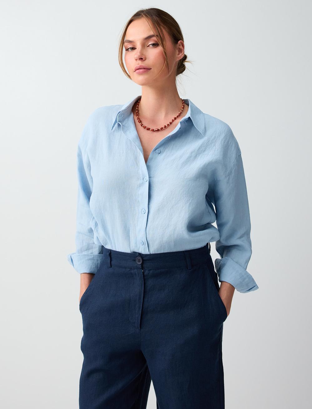 %100 Keten Uzun Kollu Dokuma Gömlek