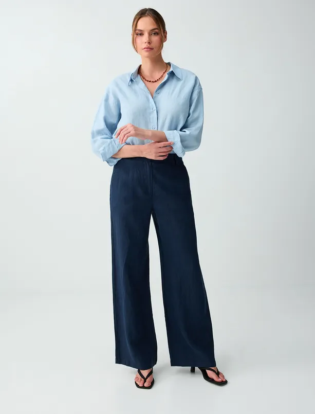 Bayan Mavi %100 Keten Uzun Kollu Dokuma Gömlek