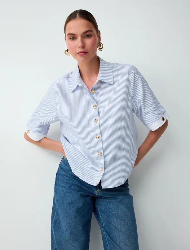 Bayan  Dirsek Kol Çizgili Pamuklu Dokuma Gömlek
