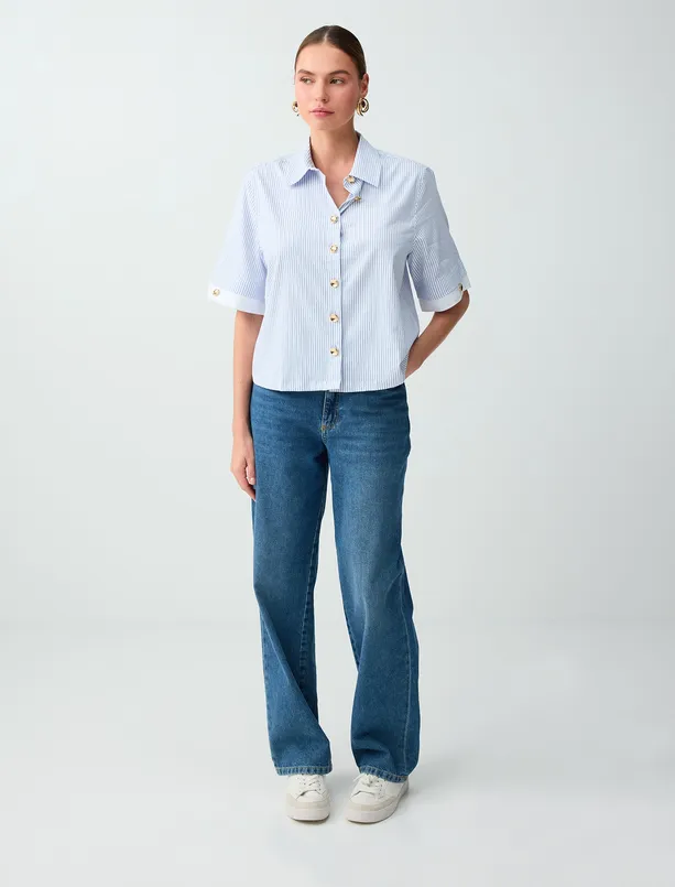 Bayan Beyaz Dirsek Kol Çizgili Pamuklu Dokuma Gömlek