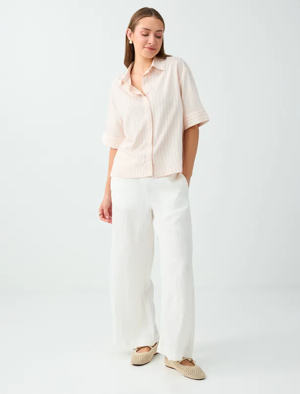 Women Light Pink Shirt with a Collar, Ruffle Sleeves, and Stripes