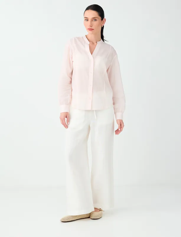 Women Light Pink Judge-Collar Long-Sleeved Striped Shirt
