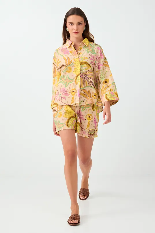 Women Yellow Floral-Print Short-Sleeve Shirt