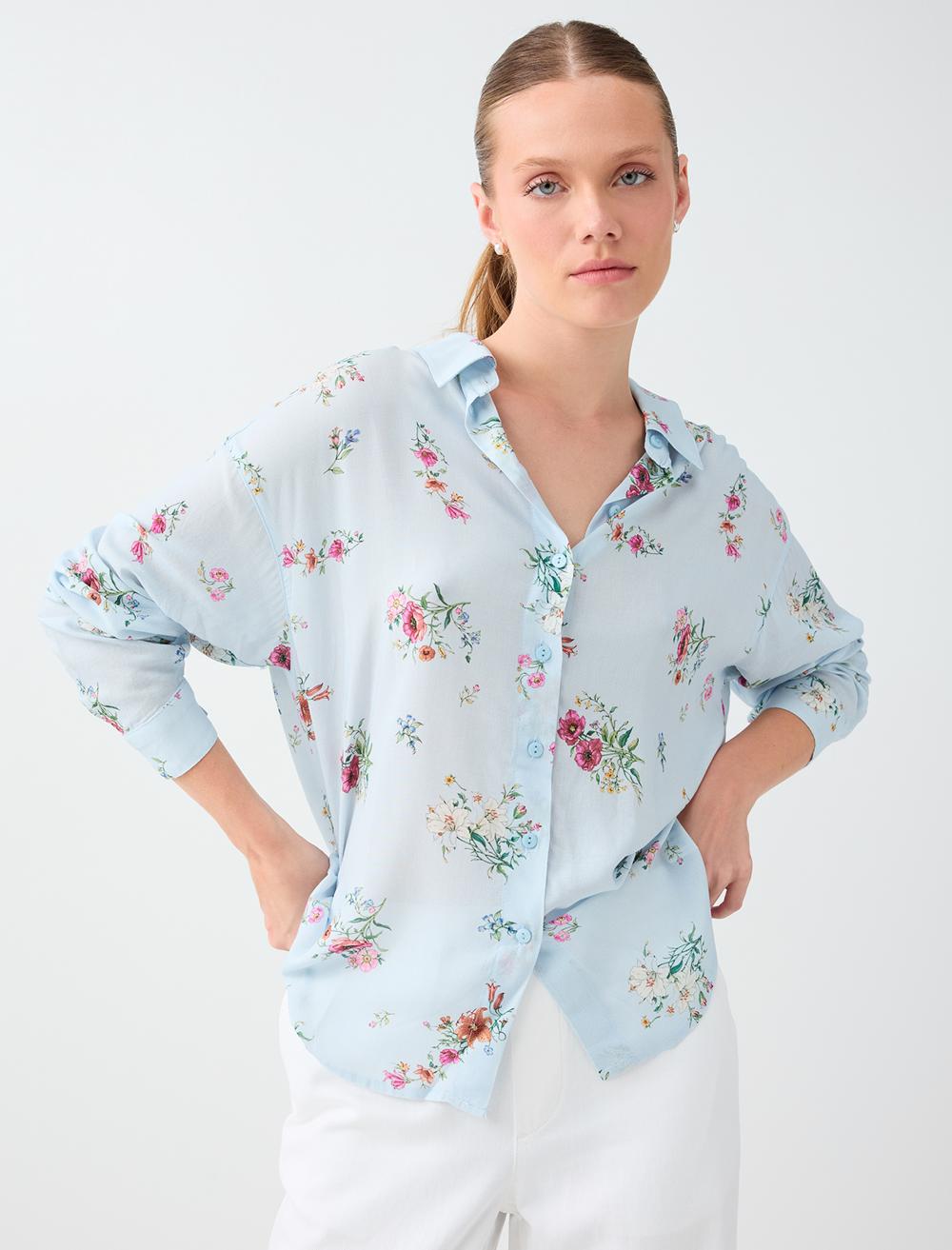 Floral Desenli Uzun Kol Viskon Gömlek
