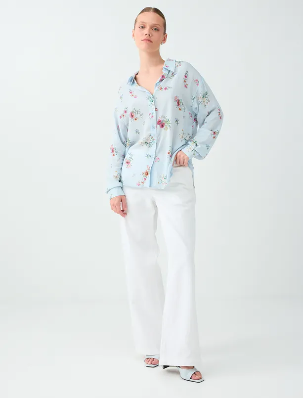 Bayan Mavi Floral Desenli Uzun Kol Viskon Gömlek