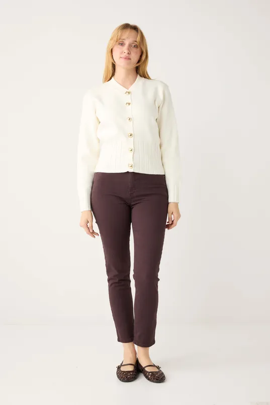 Bayan  Düz Kesim Yuvarlak Yaka Uzun Kollu Triko Hırka