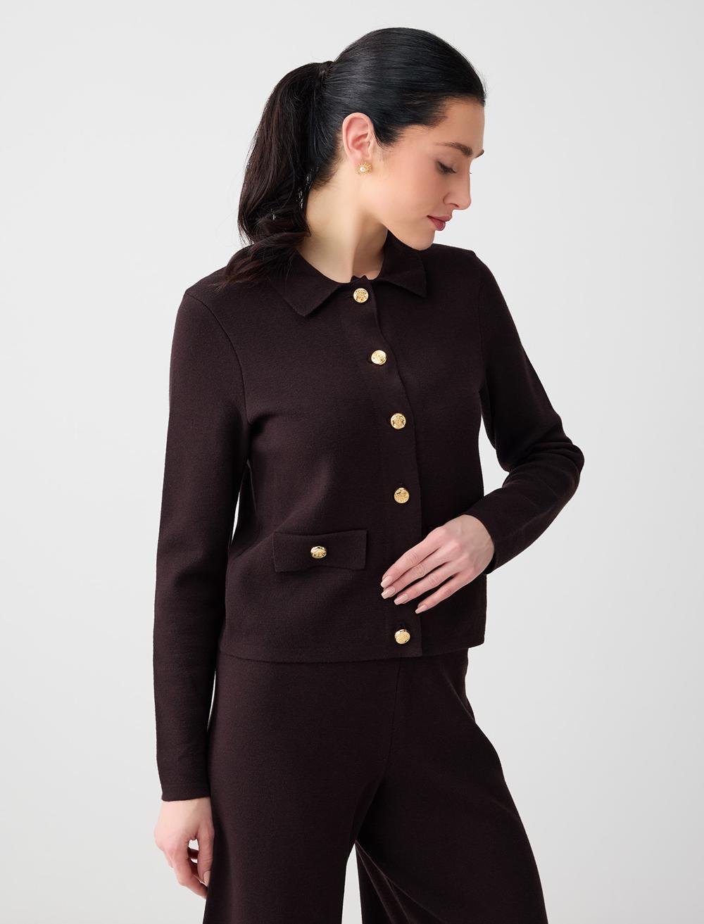 Uzun Kollu Gömlek Yaka Düğme Detaylı Triko Hırka