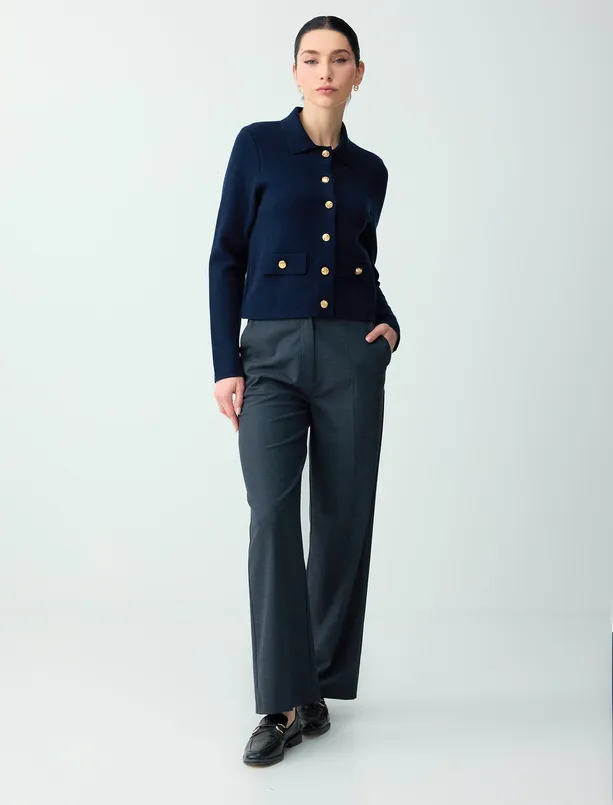 Bayan Lacivert Uzun Kollu Gömlek Yaka Düğme Detaylı Triko Hırka