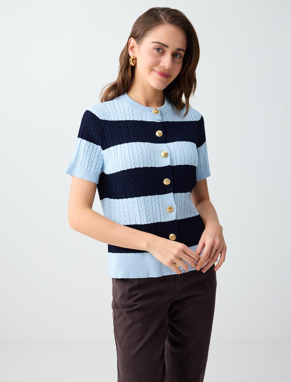 Bisiklet Yaka Kısa Kollu Çizgi Desenli Triko Hırka