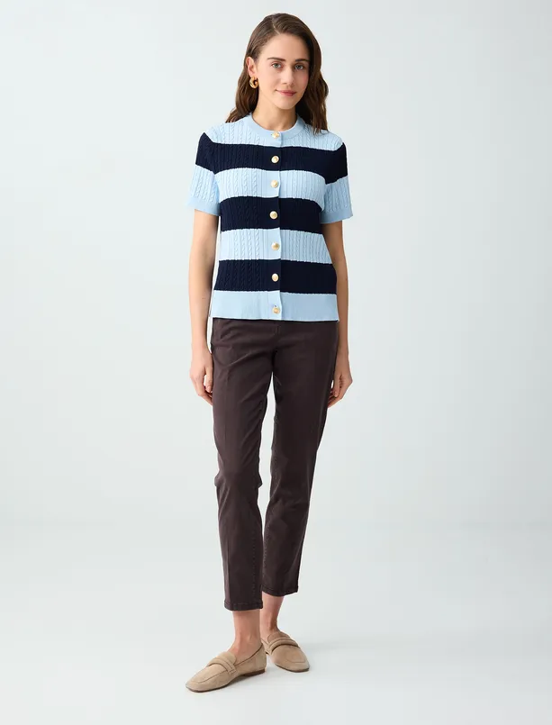 Bayan Lacivert Bisiklet Yaka Kısa Kollu Çizgi Desenli Triko Hırka