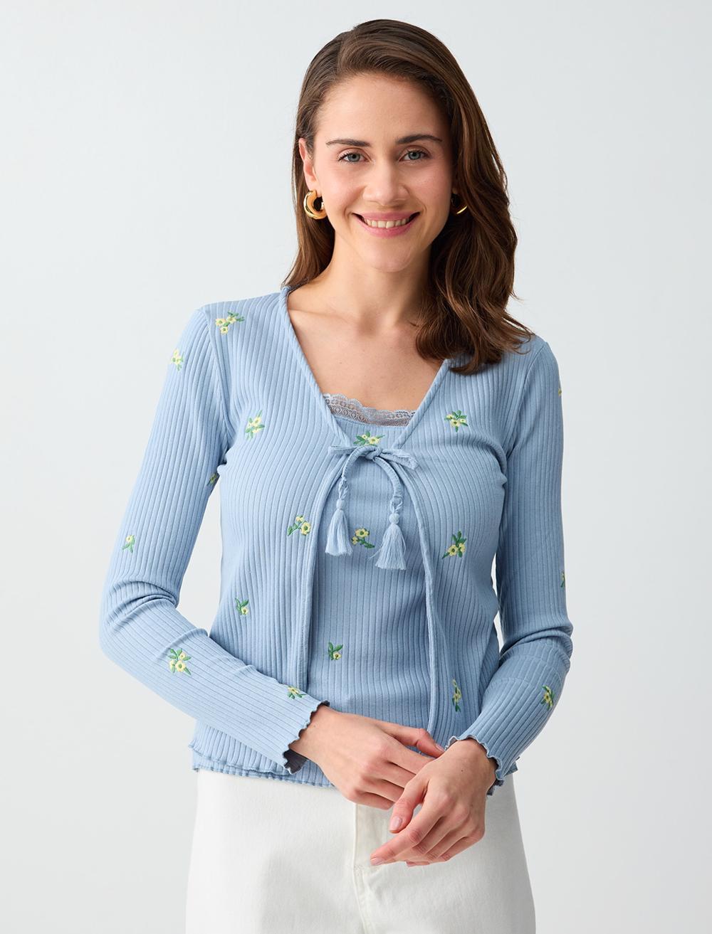 Çiçek Nakışlı V Yaka Uzun Kollu Örme Hırka