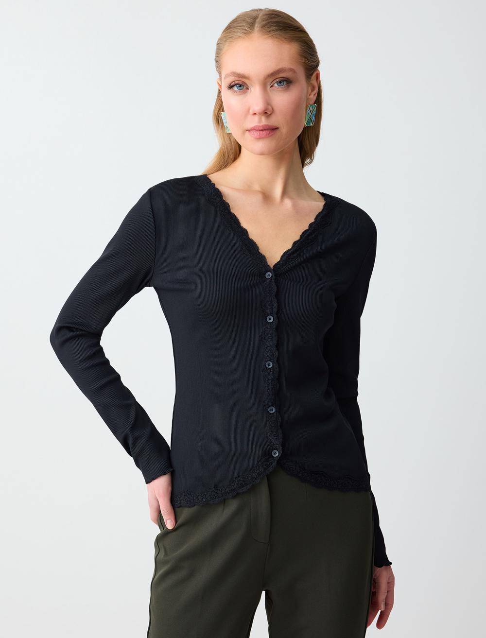 Uzun Kollu V Yaka Dar Kesim Örme Hırka