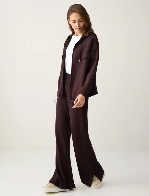 Bayan Kahverengi Rahat Kesim Kapüşonlu Modal Örme Ceket