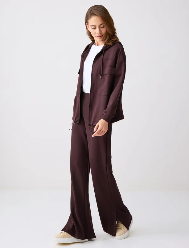 Bayan Kahverengi Rahat Kesim Kapüşonlu Modal Örme Ceket