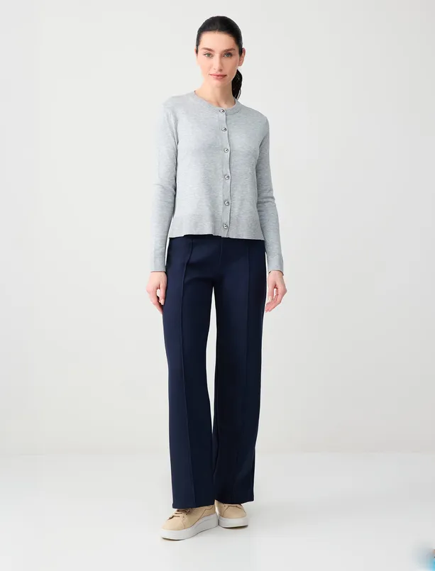 Bayan Gri Yuvarlak Yaka Uzun Kollu Düğme Detaylı Triko Hırka