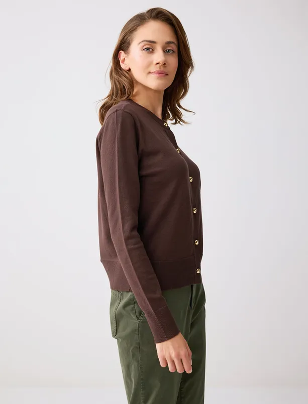 Women  Round Neck Long Sleeve Button Detailed Sweater Cardigan