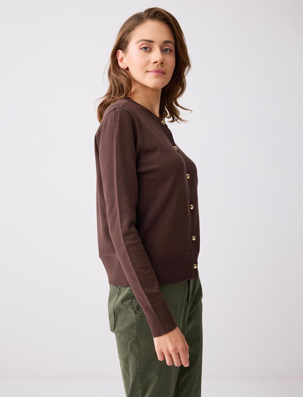 Yuvarlak Yaka Uzun Kollu Düğme Detaylı Triko Hırka