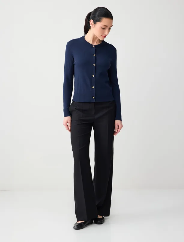 Bayan Lacivert Yuvarlak Yaka Uzun Kollu Düğme Detaylı Triko Hırka