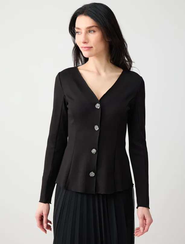 Bayan Siyah Dar Kesim Uzun Kollu V Yaka Örme Hırka