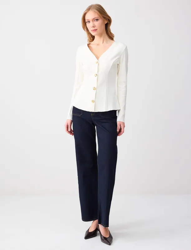 Bayan Ekru Dar Kesim Uzun Kollu V Yaka Örme Hırka