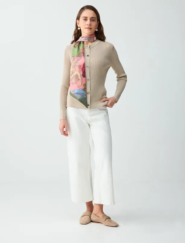 Bayan Bej Melanj Yuvarlak Yaka Uzun Kollu Simli Triko Hırka