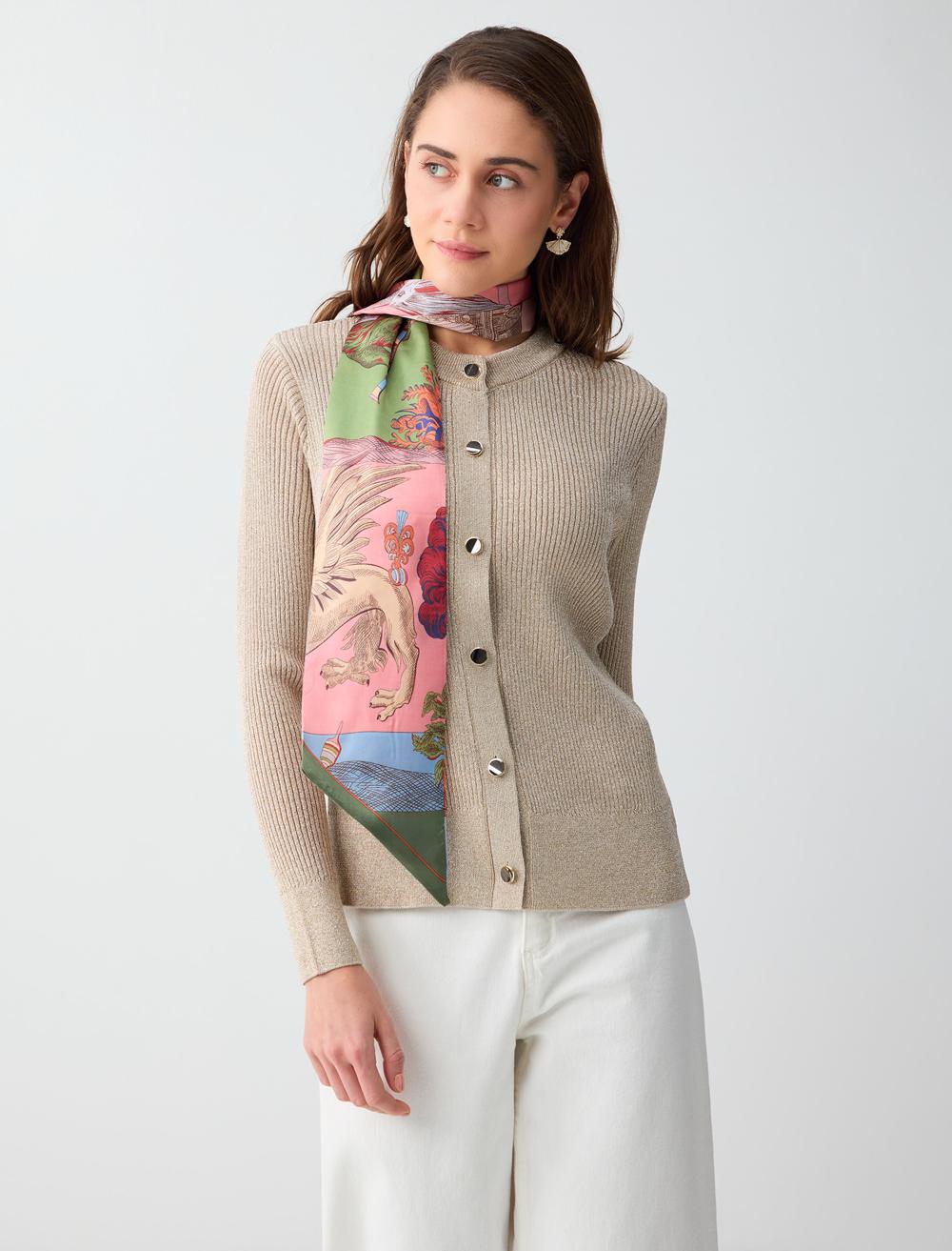 Yuvarlak Yaka Uzun Kollu Simli Triko Hırka