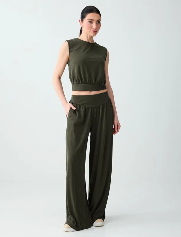 Bayan Haki Yüksek Bel Bol Paça Cep Detaylı Jogger Pantolon