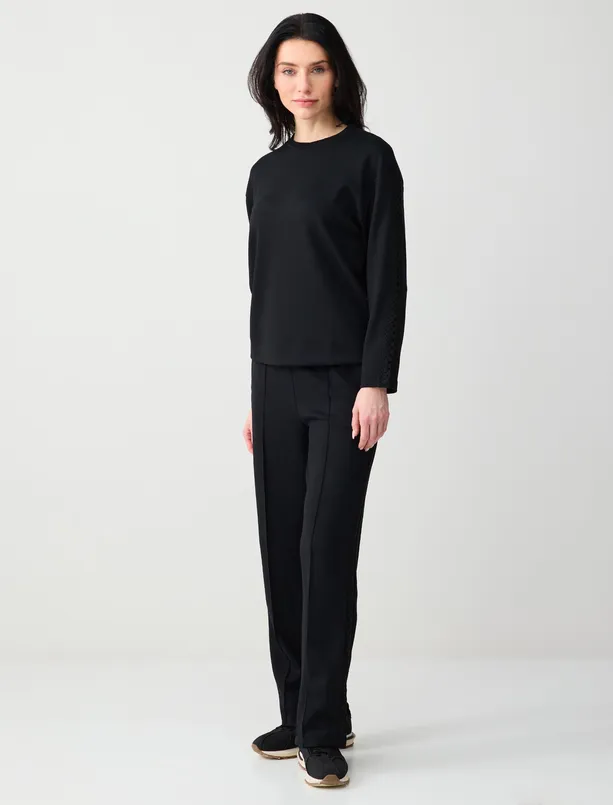 Bayan Siyah Normal Bel Normal Paça Uzun Örme Jogger Pantolon