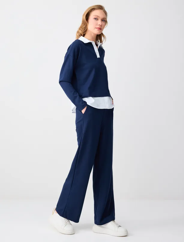 Bayan Lacivert Bol Paça Uzun Modal Örme Jogger Pantolon