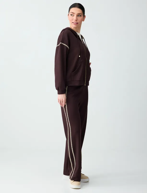 Bayan Kahverengi Normal Bel Normal Paça Çizgili Örme Jogger Pantolon