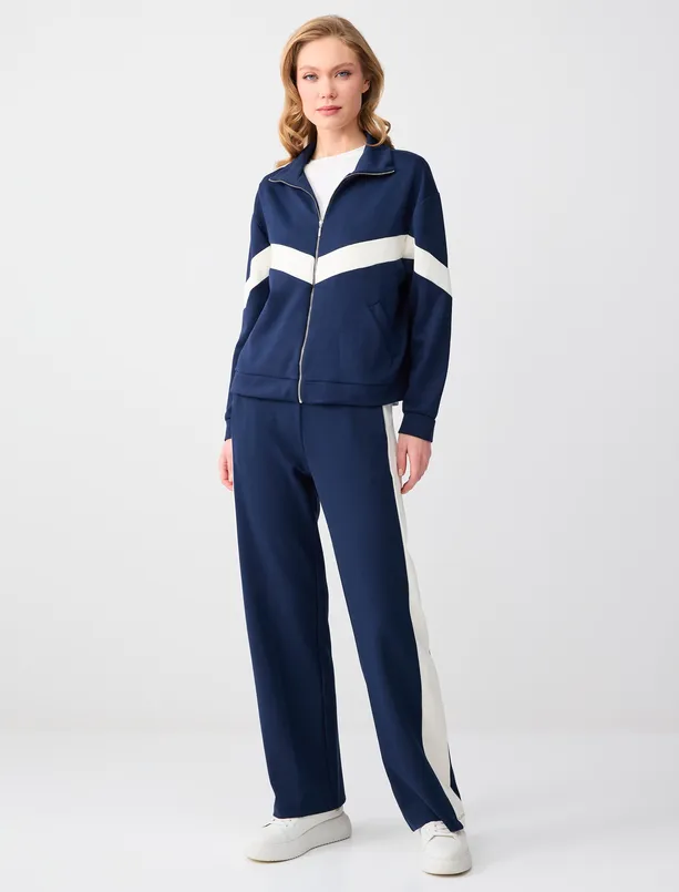 Bayan Lacivert Bol Paça Normal Bel Örme Jogger Pantolon