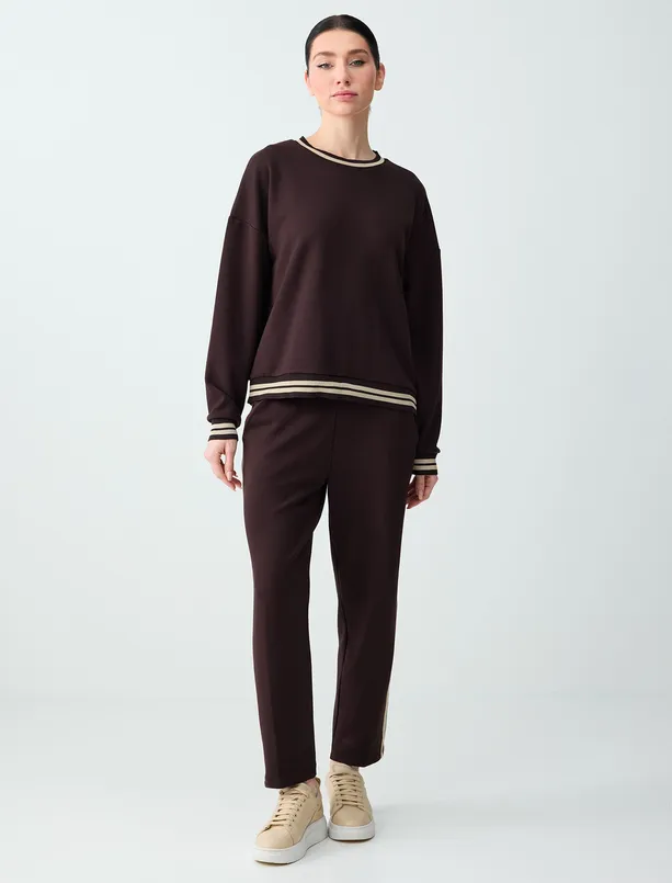 Bayan Kahverengi Normal Bel Normal Paça Çizgi Detaylı Jogger Pantolon