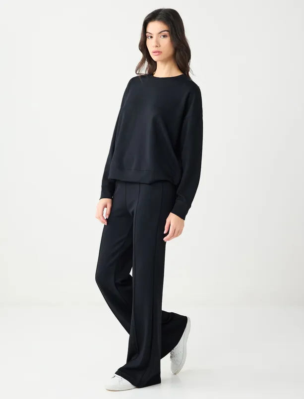 Bayan Siyah Yüksek Bel Bol Paça Modal Örme Jogger Pantolon