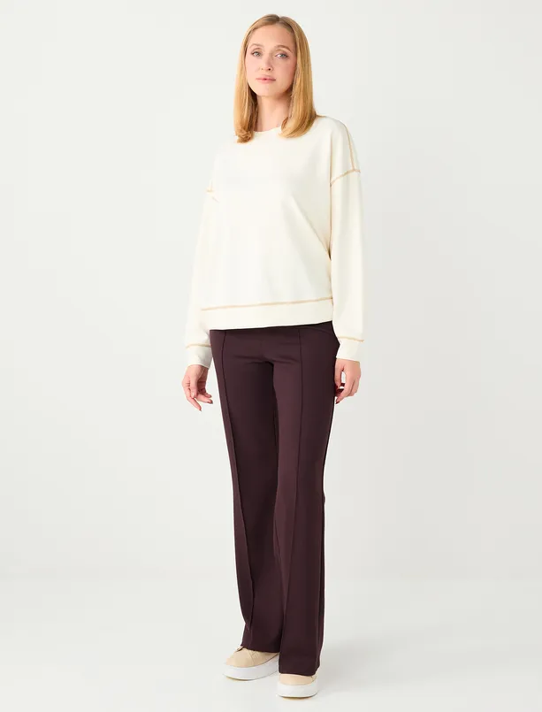 Bayan Kahverengi Yüksek Bel Bol Paça Modal Örme Jogger Pantolon