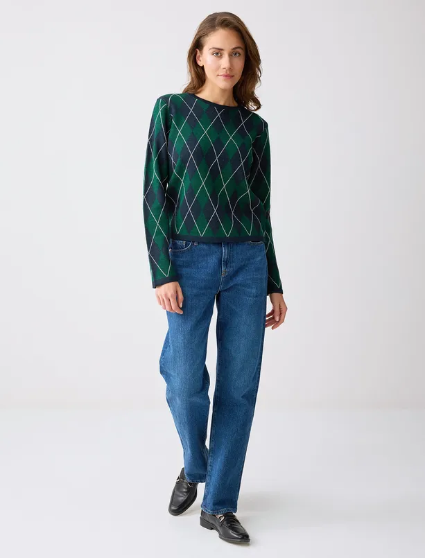 Bayan Lacivert Bisiklet Yaka Baklava Desenli Yün Karışımlı Triko Kazak