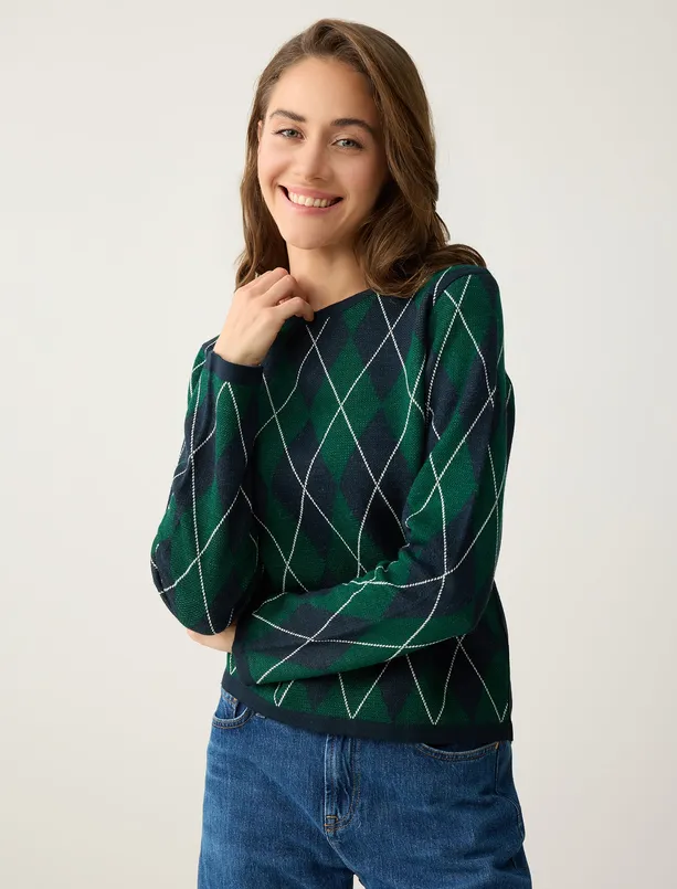 Bayan  Bisiklet Yaka Baklava Desenli Yün Karışımlı Triko Kazak