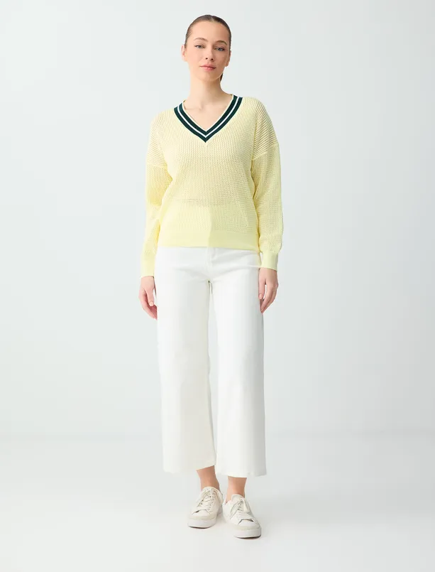 Bayan Sarı %100 Pamuk Rahat Kesim V Yaka Triko Kazak