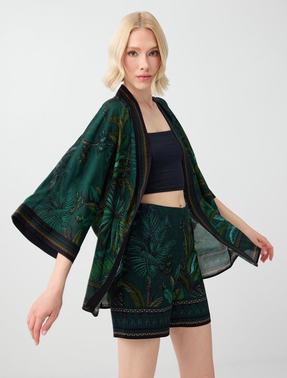 Bol Kesim Desenli Dokuma Kimono