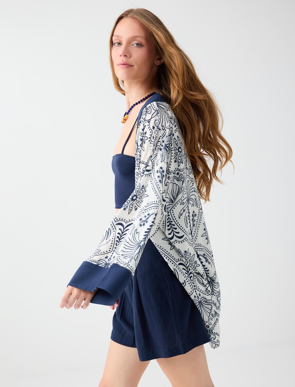Etnik Desenli Uzun Kol Dokuma Kimono
