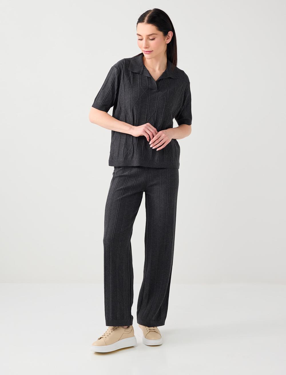 Normal Bel Normal Paça Çizgi Desenli Triko Pantolon