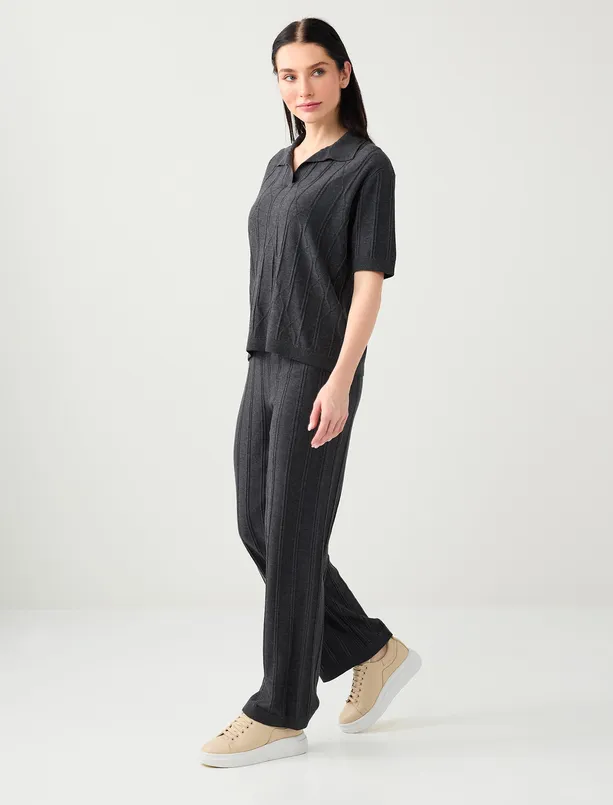 Bayan Antrasit Normal Bel Normal Paça Çizgi Desenli Triko Pantolon