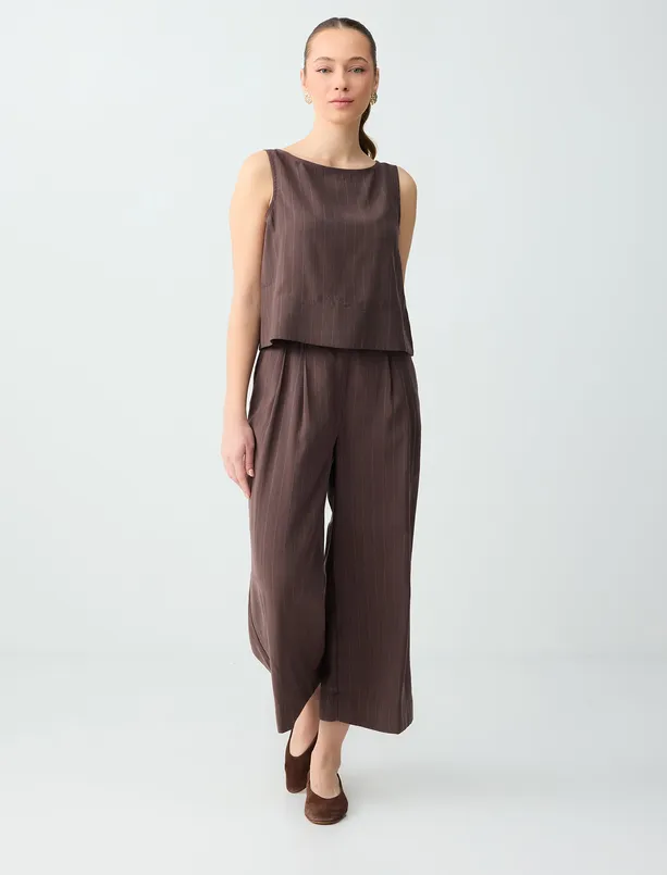 Bayan  Rahat Kesim Bol Paça Çizgili Modal Dokuma Pantolon