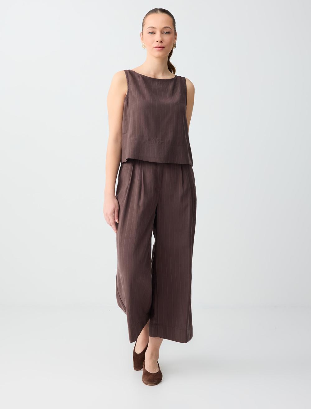 Rahat Kesim Bol Paça Çizgili Modal Dokuma Pantolon