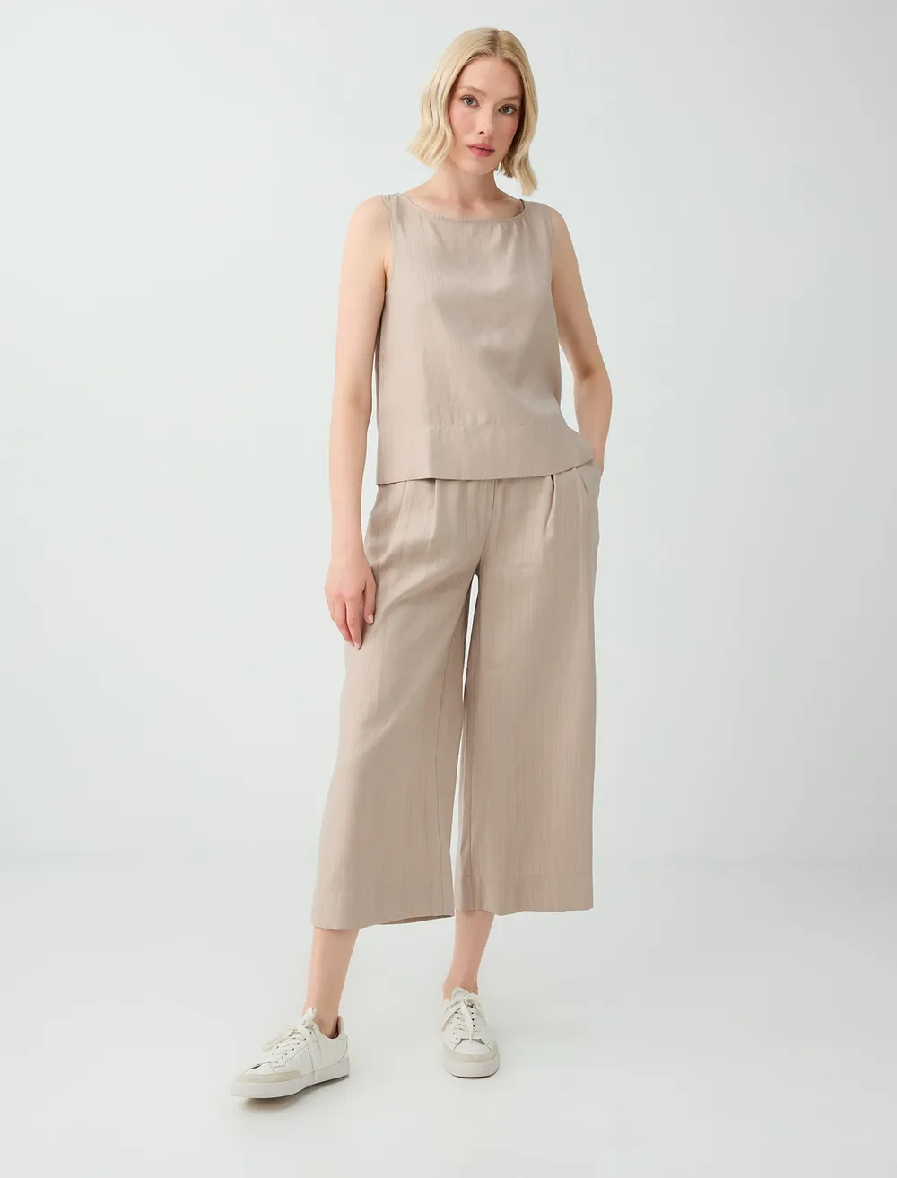 Relaxed Fit Wide Leg Striped Modal Woven Trousers
