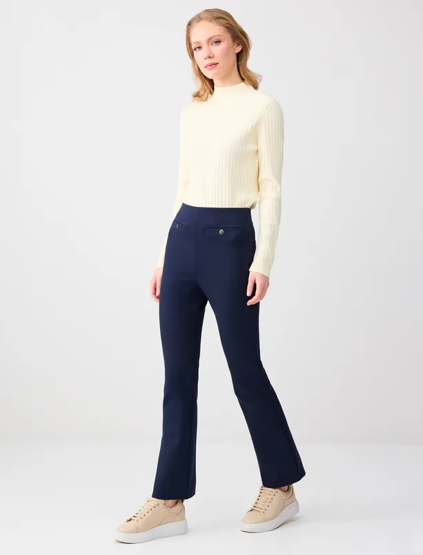 Women Dark Blue Wide Leg High Waist Slim Fit Knitted Pants