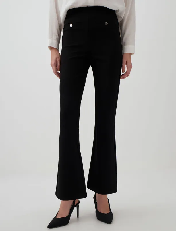 Bayan Siyah Bol Paça Yüksek Bel Dar Kesim Örme Pantolon