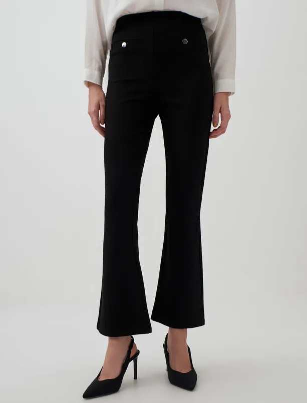 Bayan Siyah Bol Paça Yüksek Bel Dar Kesim Örme Pantolon