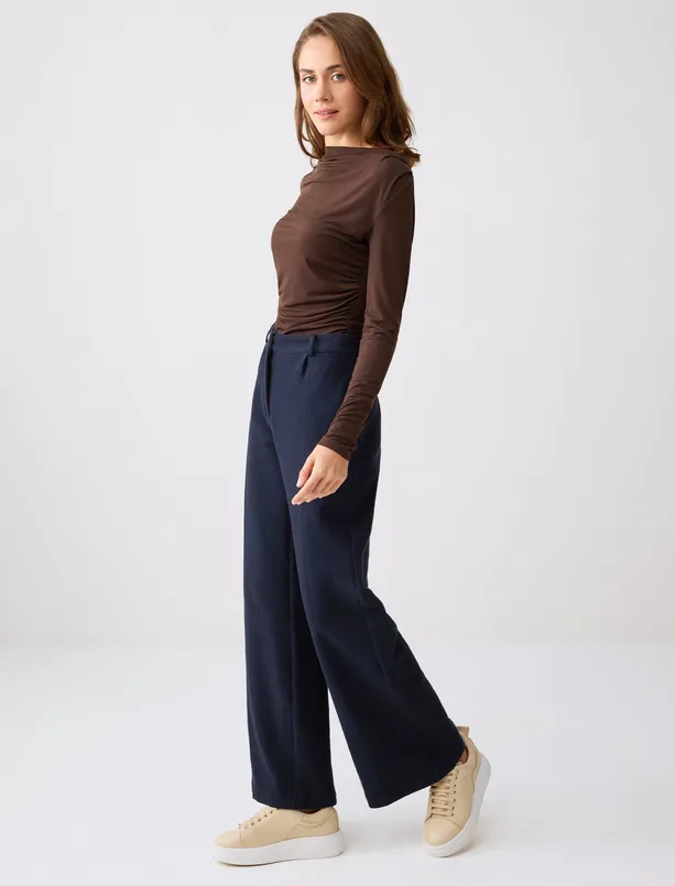 Bayan Lacivert Bol Paça Yüksek Bel Örme Uzun Pantolon