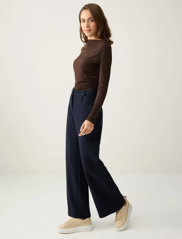 Bayan Lacivert Bol Paça Yüksek Bel Örme Uzun Pantolon